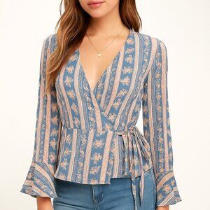 NWT Lulus XS Blue Pink Floral Stripe Wrap Blouse Long Sleeve Tie Waist Boho
